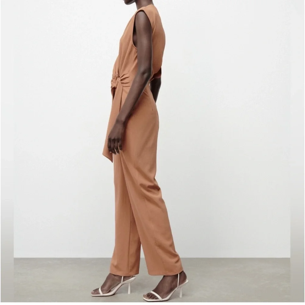 Zara NWT beige tan wrap O ring tie open back cutout jumpsuit